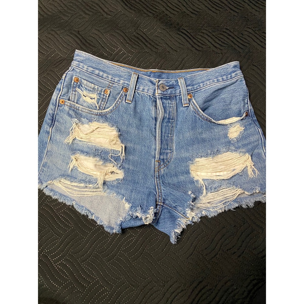 Levis 501 Original Distressed Denim Shorts Blue High Rise W27